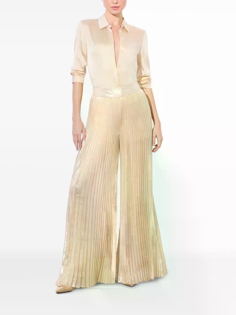 Alice + Olivia Metallic Pleated Wide-Leg Pants in Cream - Picture 4 of 7